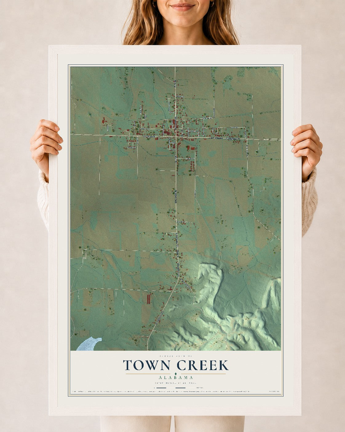 Map of Town Creek, Alabama, 24 x 36 inch print in a white wood frame