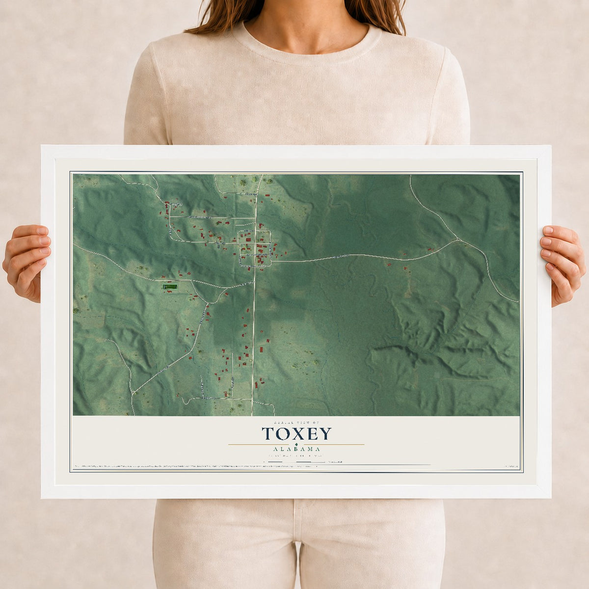 Map of Toxey, Alabama, 12 x 18 inch print in a white wood frame
