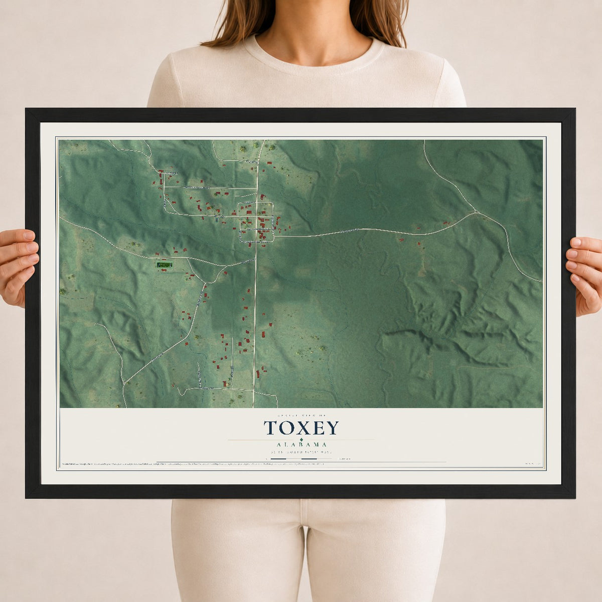 Map of Toxey, Alabama, 18 x 24 inch print in a black wood frame