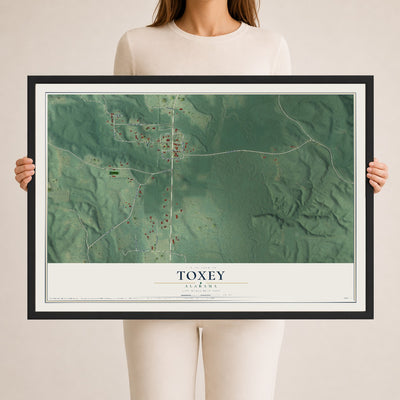 Map of Toxey, Alabama, 24 x 36 inch print in a black wood frame