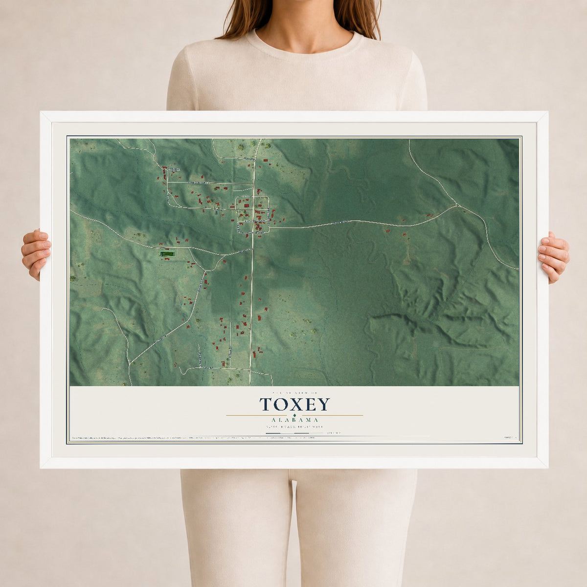 Map of Toxey, Alabama, 24 x 36 inch print in a white wood frame
