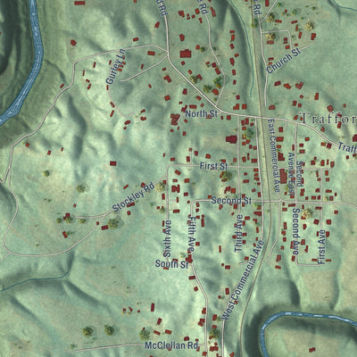 Close-up of the map of Trafford, Alabama print showing street and building detail