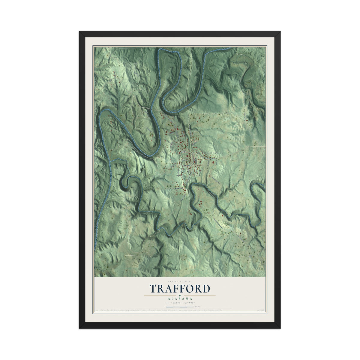 Map of Trafford, Alabama, 12 x 18 inch print in a black wood frame