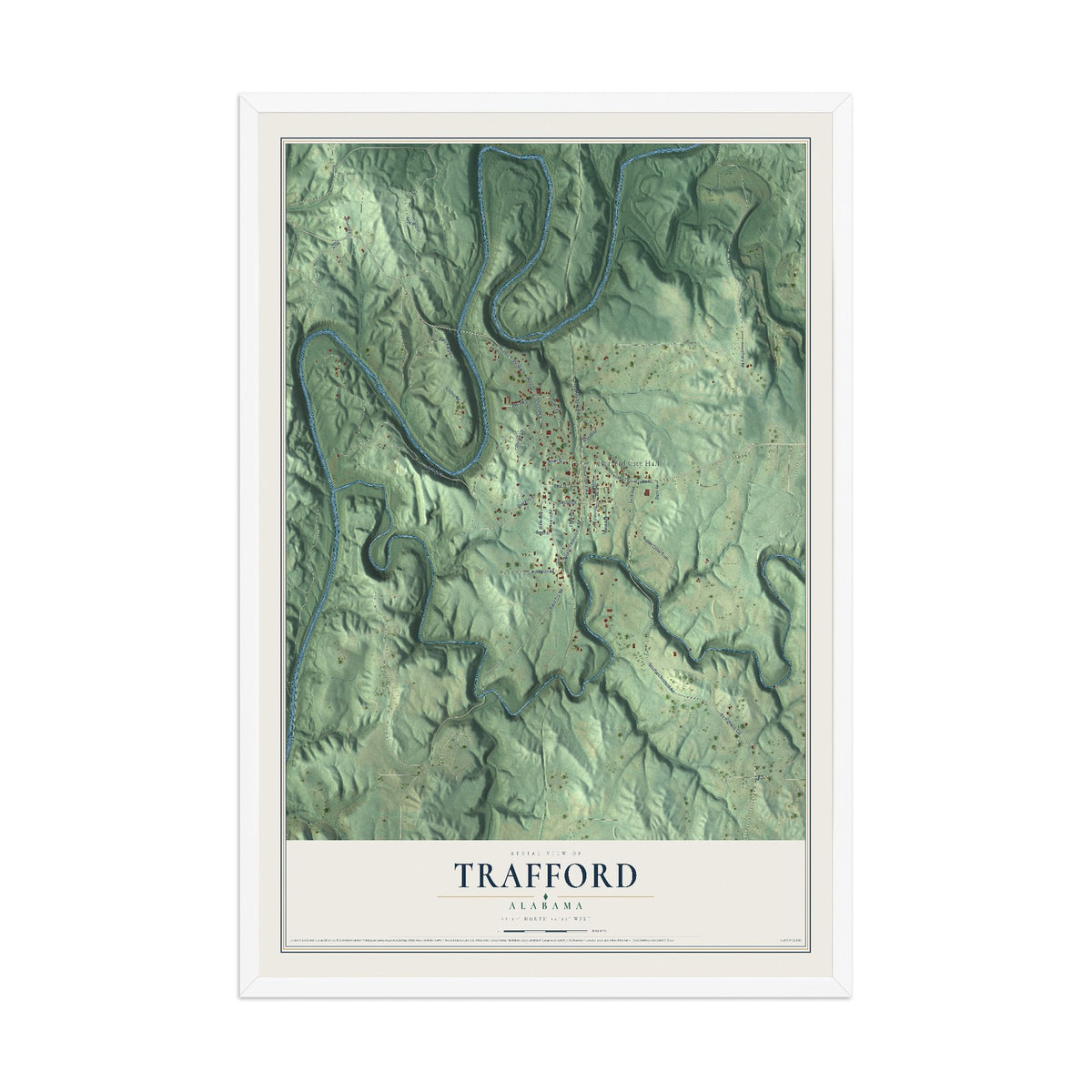 Map of Trafford, Alabama, 12 x 18 inch print in a white wood frame