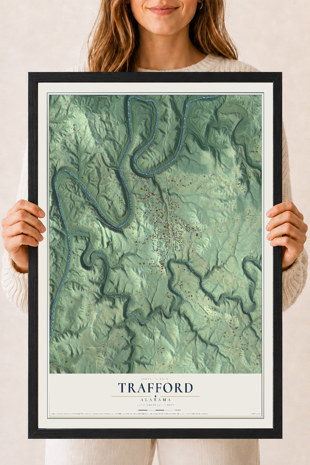 Map of Trafford, Alabama, 18 x 24 inch print in a black wood frame