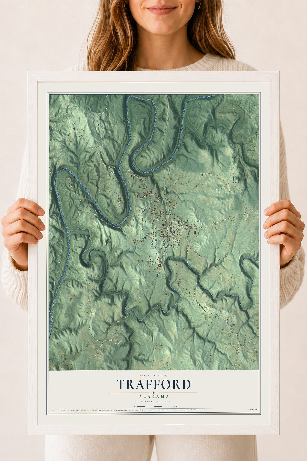Map of Trafford, Alabama, 18 x 24 inch print in a white wood frame