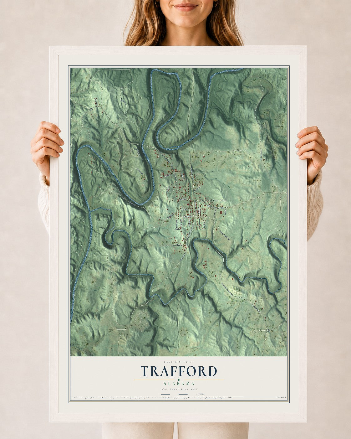 Map of Trafford, Alabama, 24 x 36 inch print in a white wood frame