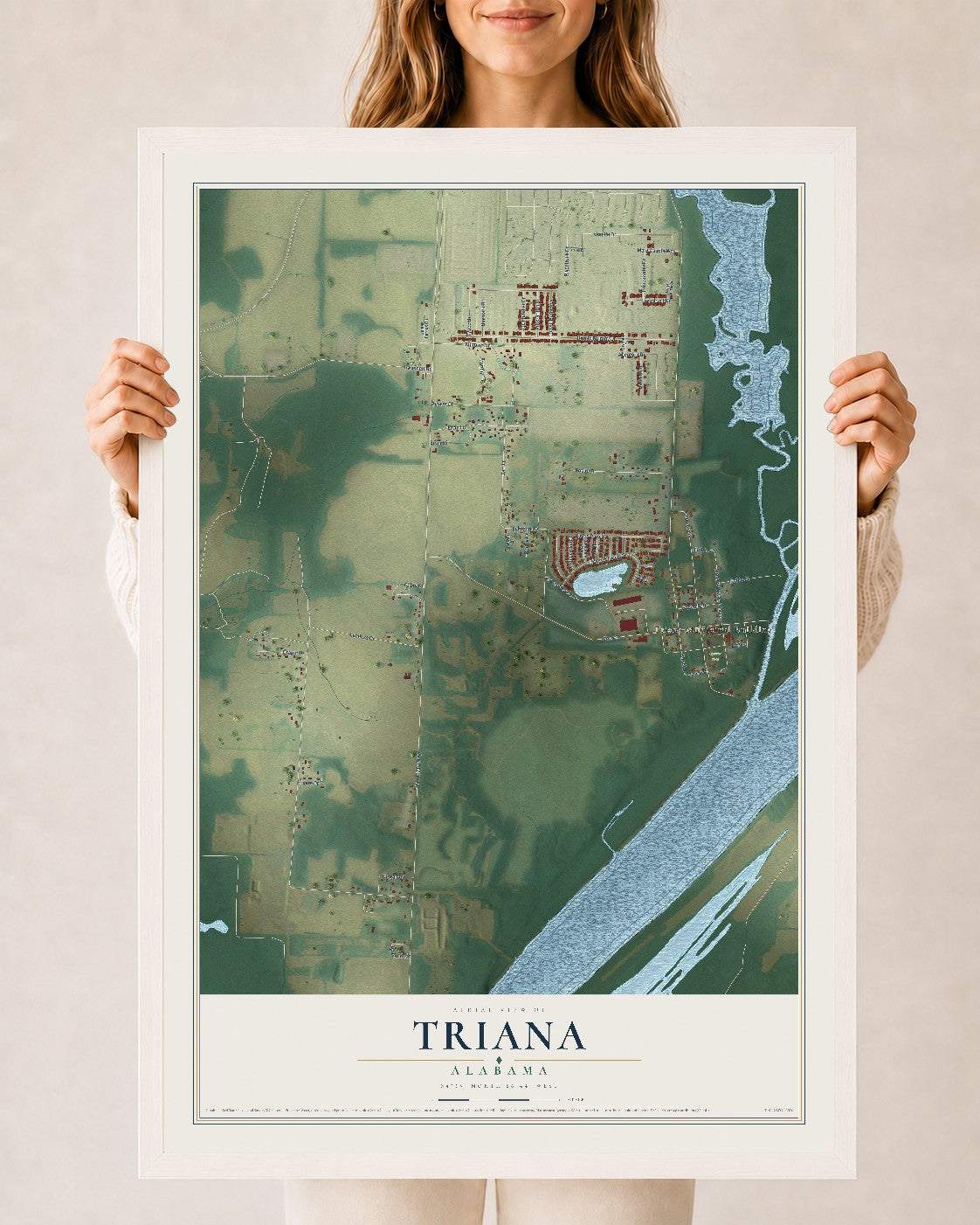 Map of Triana, Alabama, 24 x 36 inch print in a white wood frame