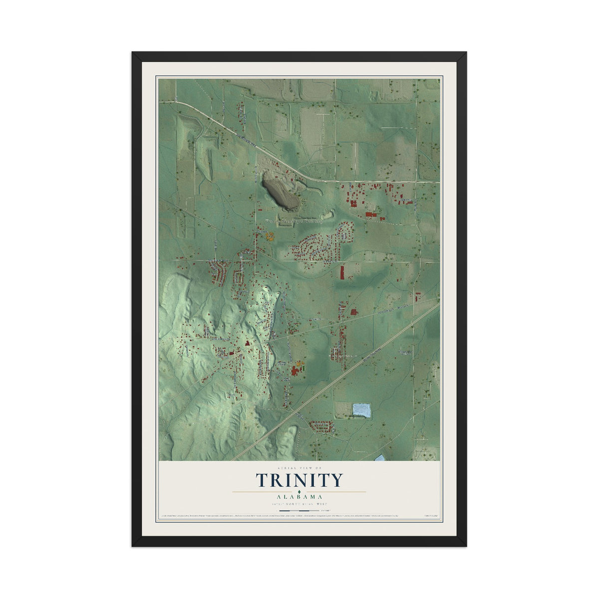 Map of Trinity, Alabama, 12 x 18 inch print in a black wood frame