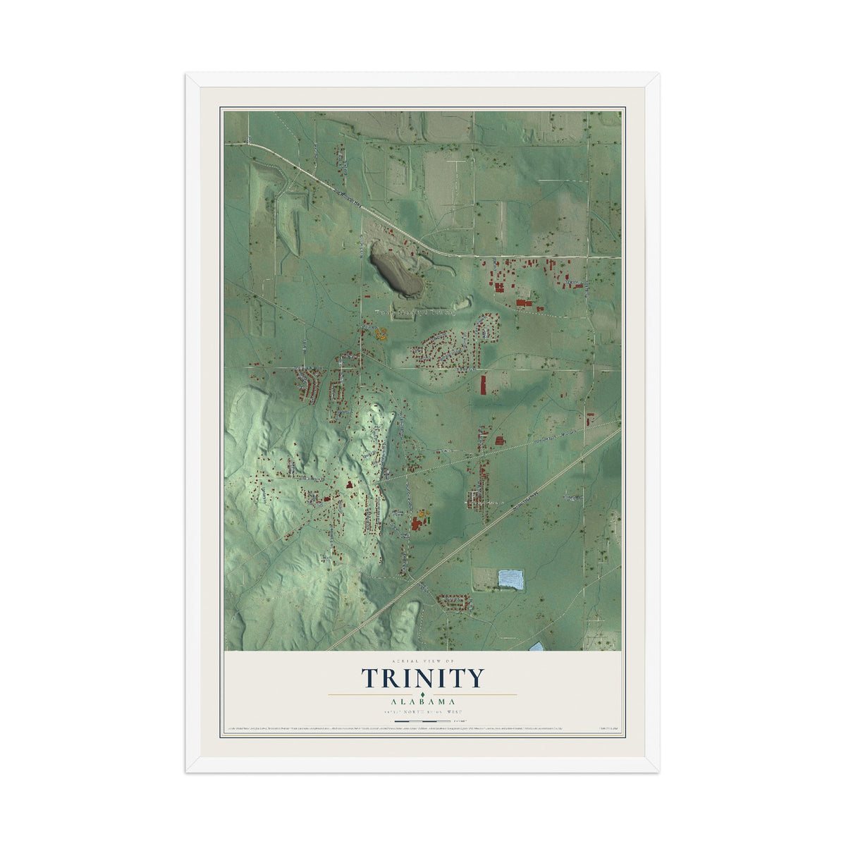 Map of Trinity, Alabama, 12 x 18 inch print in a white wood frame