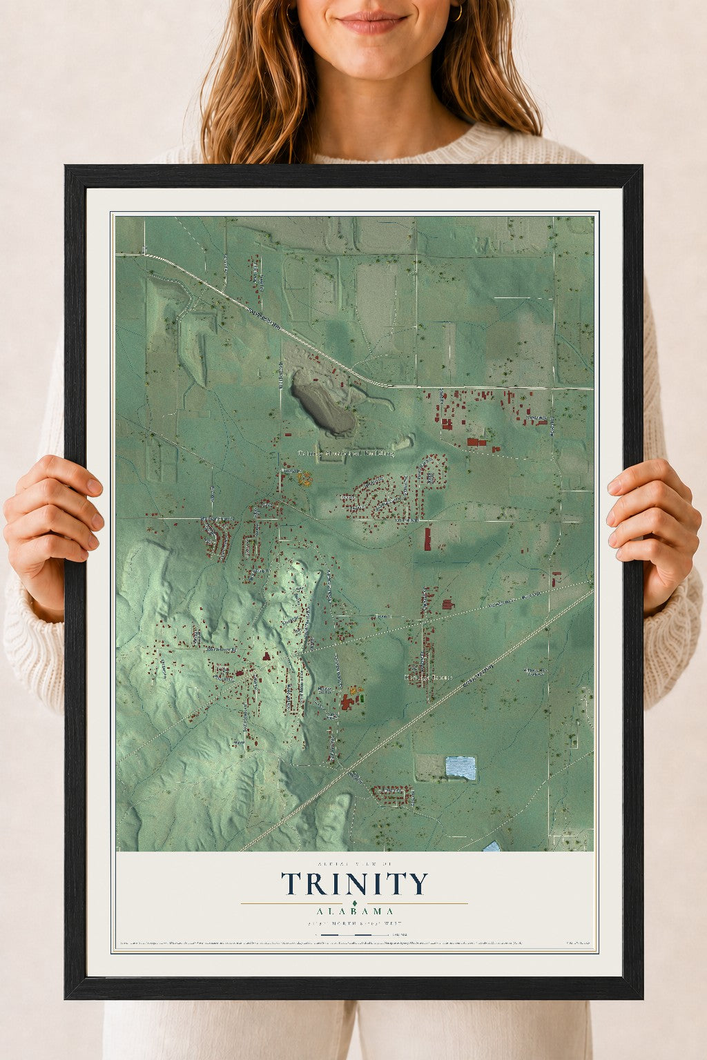 Map of Trinity, Alabama, 18 x 24 inch print in a black wood frame