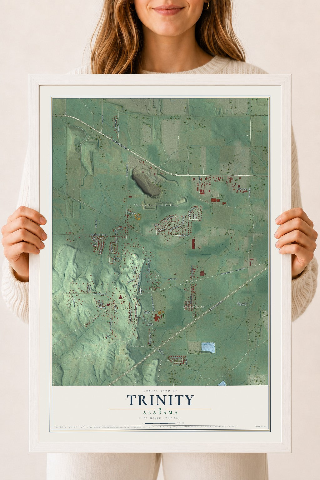 Map of Trinity, Alabama, 18 x 24 inch print in a white wood frame