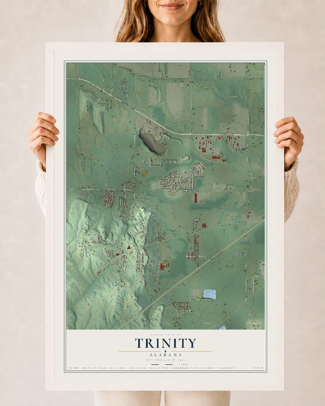 Map of Trinity, Alabama, 24 x 36 inch print in a white wood frame