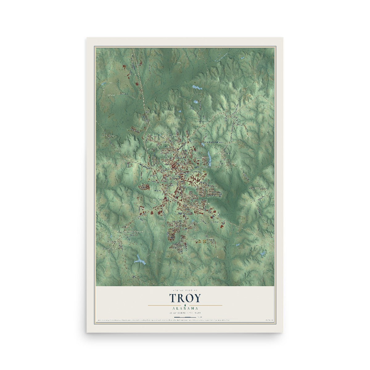 Map of Troy, Alabama, 12 x 18 inch unframed archival matte print