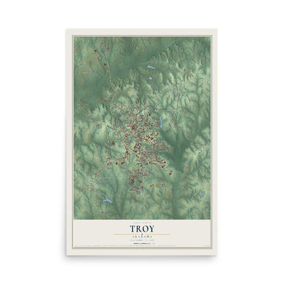 Map of Troy, Alabama, 12 x 18 inch unframed archival matte print