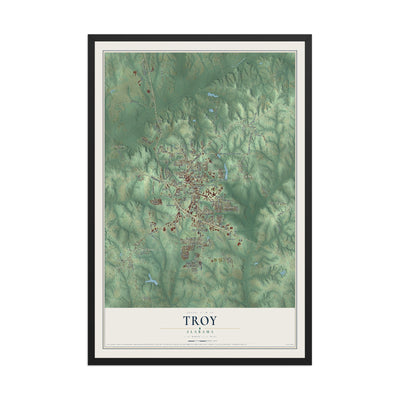 Map of Troy, Alabama, 12 x 18 inch print in a black wood frame