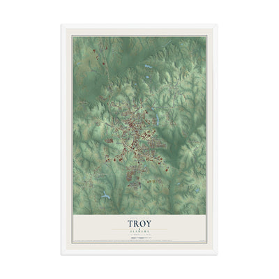 Map of Troy, Alabama, 12 x 18 inch print in a white wood frame