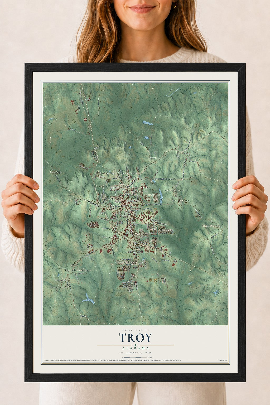 Map of Troy, Alabama, 18 x 24 inch print in a black wood frame
