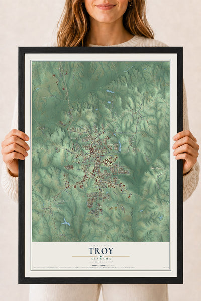 Map of Troy, Alabama, 18 x 24 inch print in a black wood frame