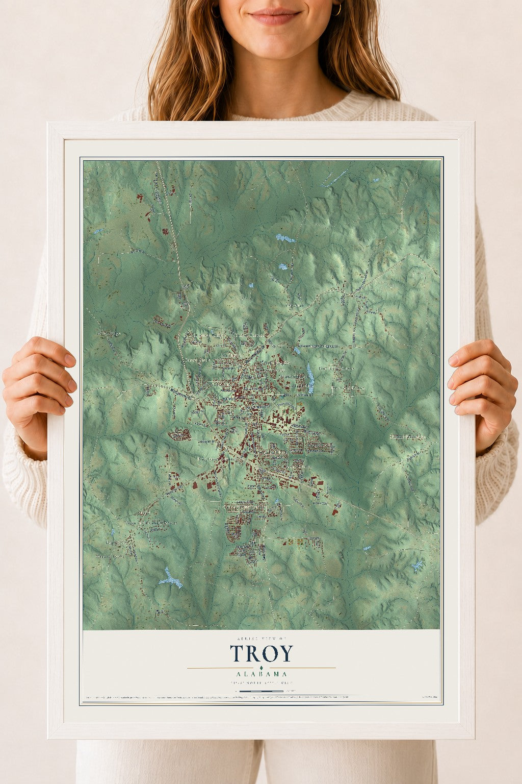 Map of Troy, Alabama, 18 x 24 inch print in a white wood frame