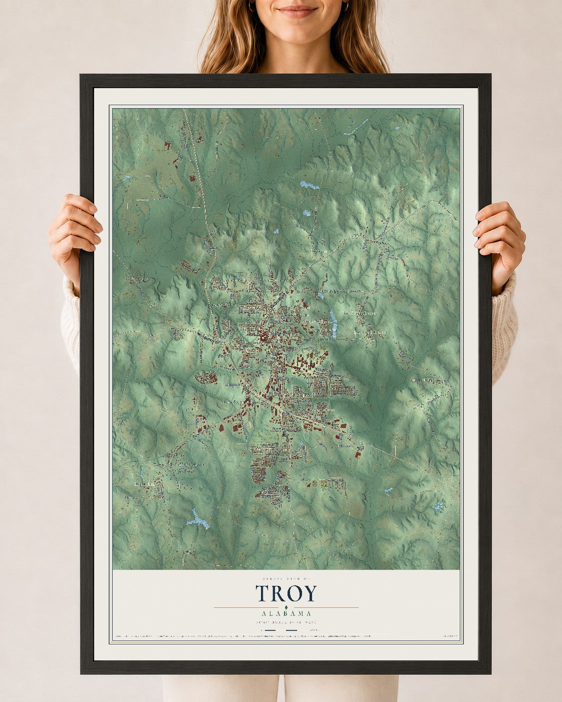 Map of Troy, Alabama, 24 x 36 inch print in a black wood frame