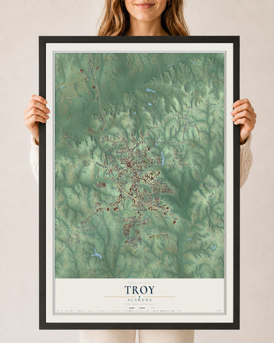 Map of Troy, Alabama, 24 x 36 inch print in a black wood frame