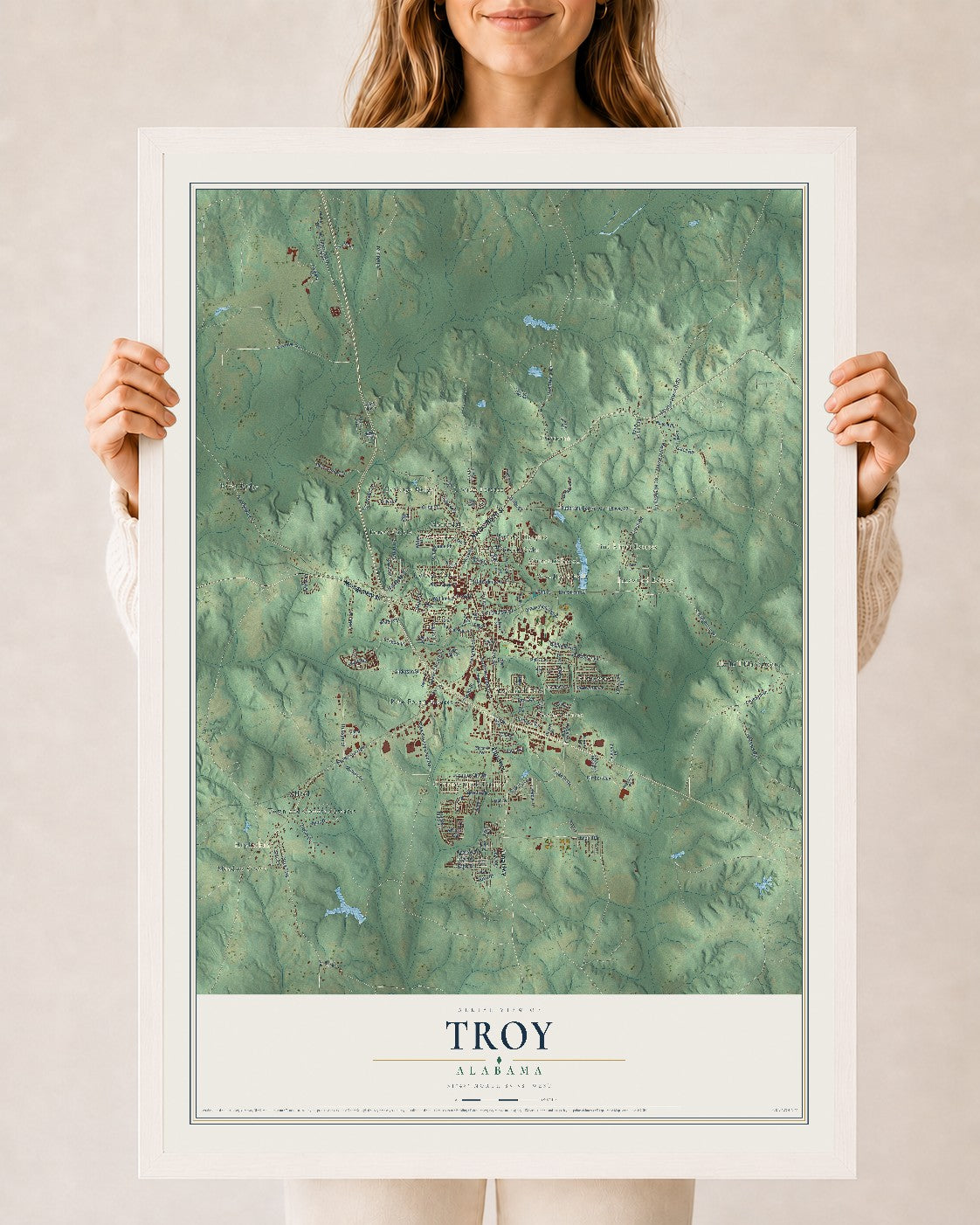 Map of Troy, Alabama, 24 x 36 inch print in a white wood frame