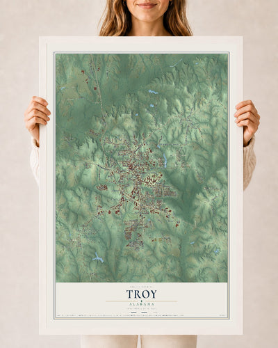 Map of Troy, Alabama, 24 x 36 inch print in a white wood frame