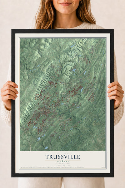 Map of Trussville, Alabama, 18 x 24 inch print in a black wood frame