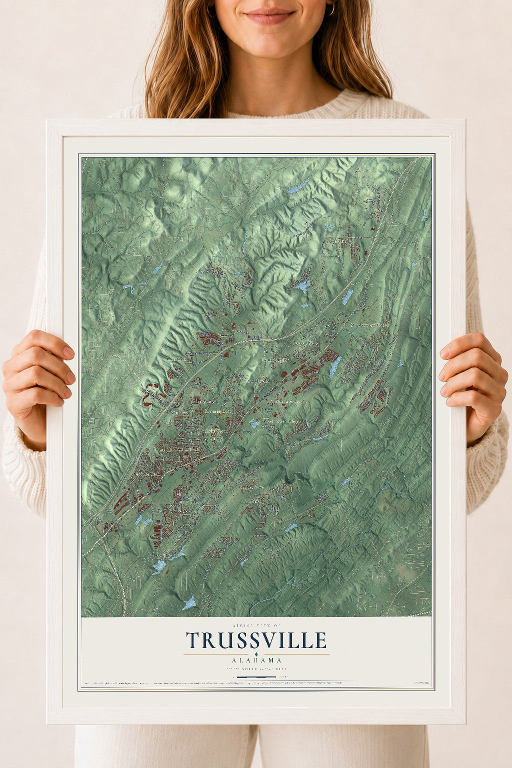 Map of Trussville, Alabama, 18 x 24 inch print in a white wood frame