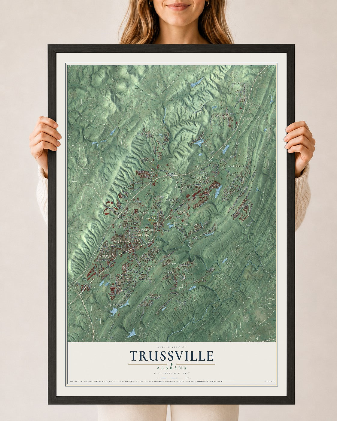 Map of Trussville, Alabama, 24 x 36 inch print in a black wood frame