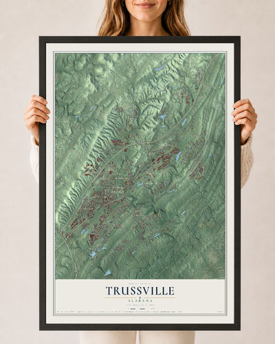 Map of Trussville, Alabama, 24 x 36 inch print in a black wood frame