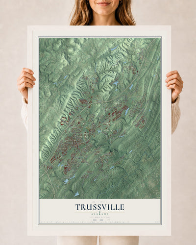Map of Trussville, Alabama, 24 x 36 inch print in a white wood frame