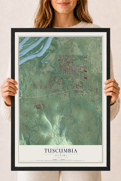 Map of Tuscumbia, Alabama, 18 x 24 inch print in a black wood frame
