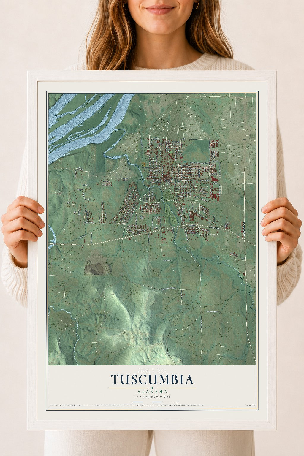 Map of Tuscumbia, Alabama, 18 x 24 inch print in a white wood frame