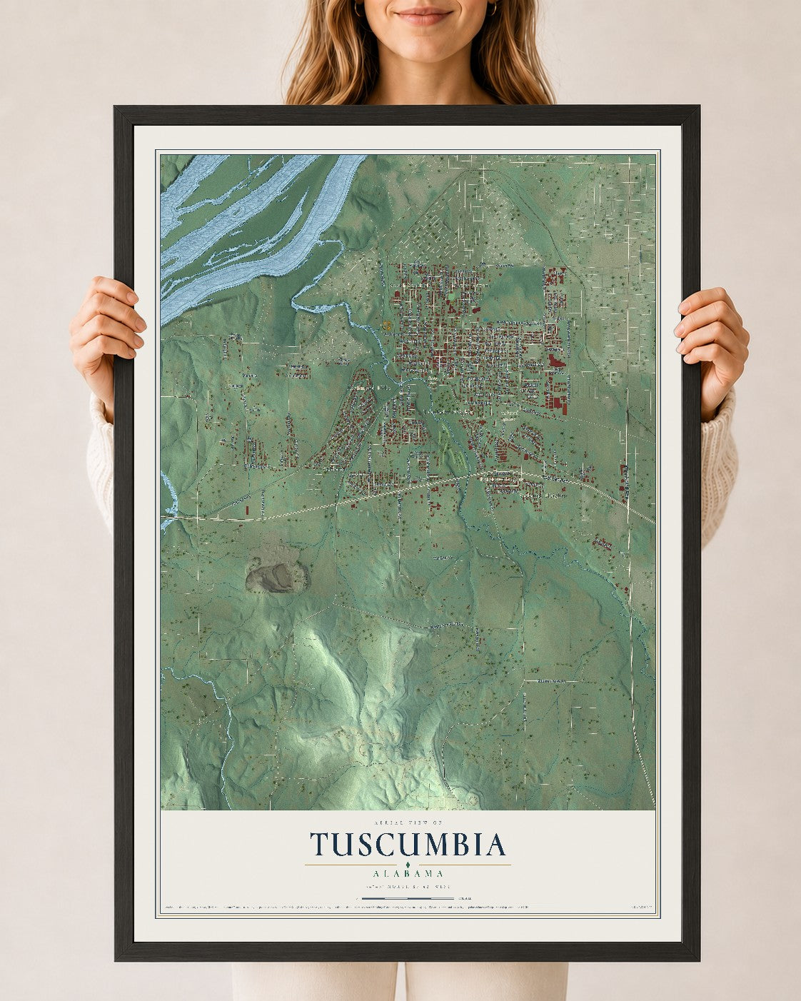 Map of Tuscumbia, Alabama, 24 x 36 inch print in a black wood frame