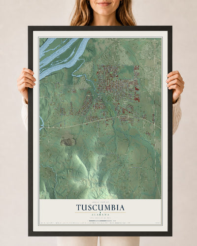 Map of Tuscumbia, Alabama, 24 x 36 inch print in a black wood frame