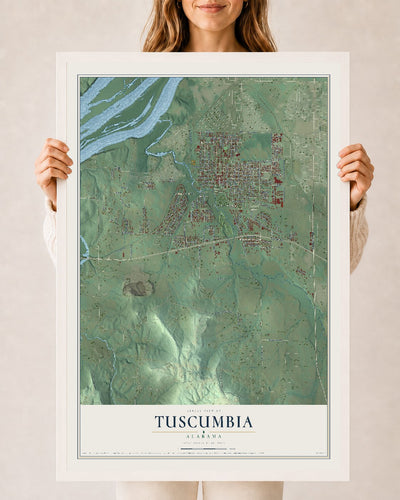 Map of Tuscumbia, Alabama, 24 x 36 inch print in a white wood frame