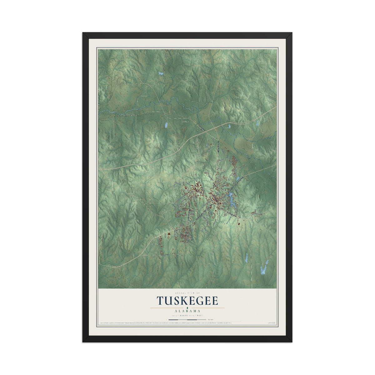 Map of Tuskegee, Alabama, 12 x 18 inch print in a black wood frame