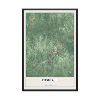 Map of Tuskegee, Alabama, 12 x 18 inch print in a black wood frame