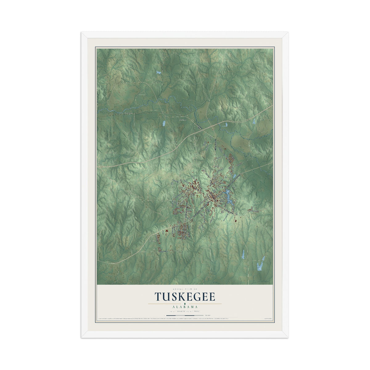 Map of Tuskegee, Alabama, 12 x 18 inch print in a white wood frame