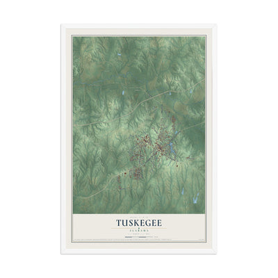 Map of Tuskegee, Alabama, 12 x 18 inch print in a white wood frame