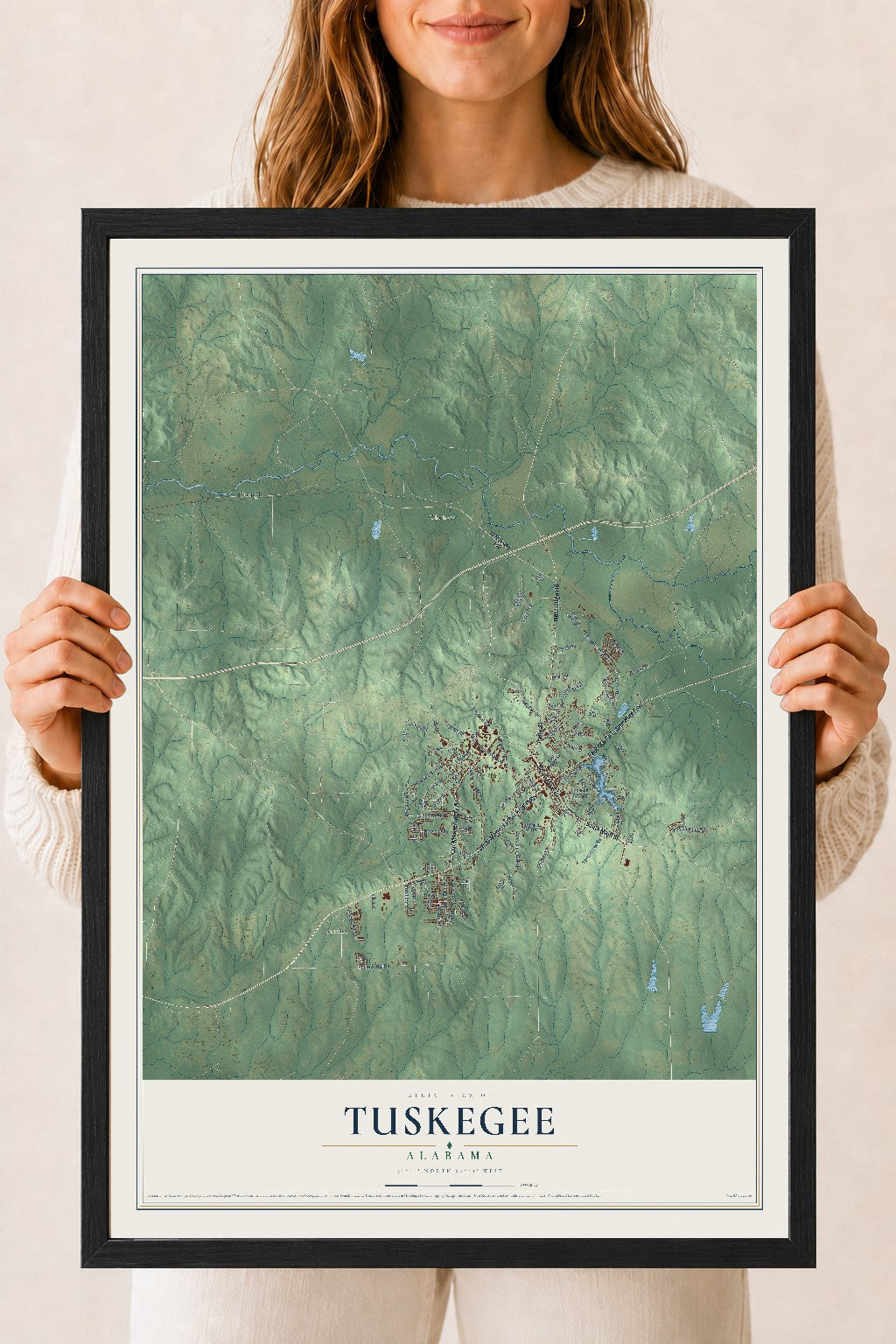 Map of Tuskegee, Alabama, 18 x 24 inch print in a black wood frame