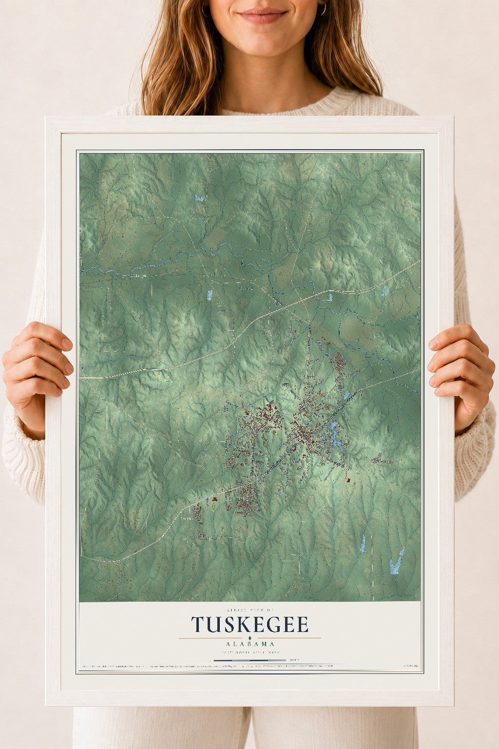 Map of Tuskegee, Alabama, 18 x 24 inch print in a white wood frame