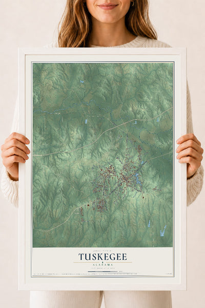 Map of Tuskegee, Alabama, 18 x 24 inch print in a white wood frame
