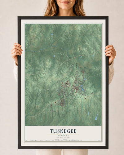 Map of Tuskegee, Alabama, 24 x 36 inch print in a black wood frame