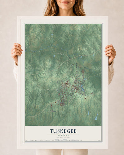 Map of Tuskegee, Alabama, 24 x 36 inch print in a white wood frame