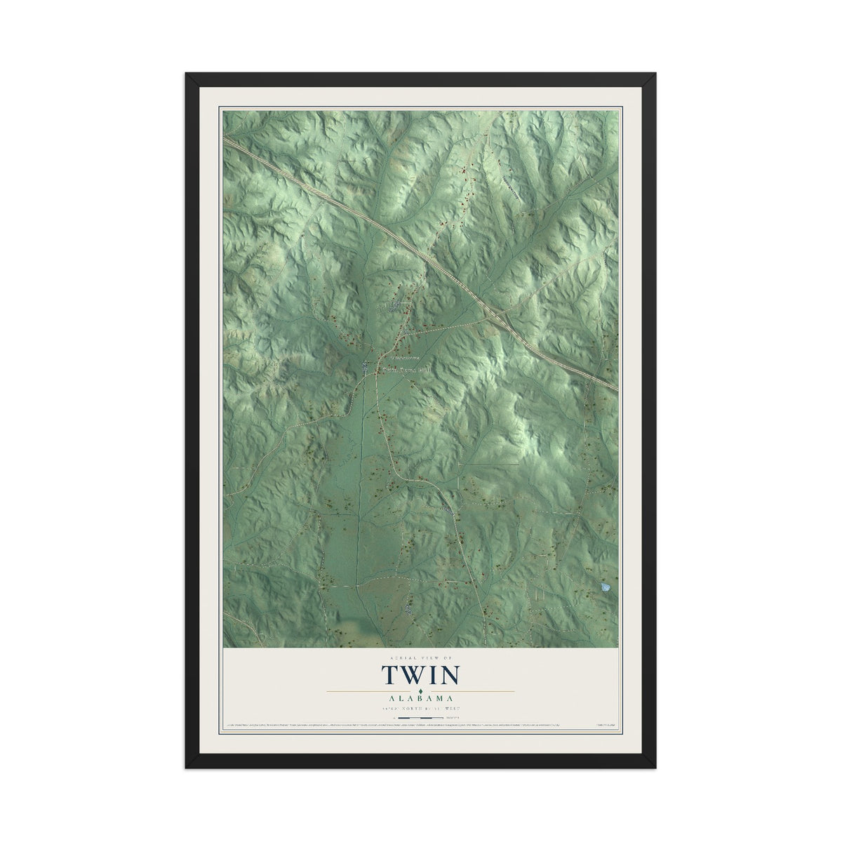 Map of Twin, Alabama, 12 x 18 inch print in a black wood frame