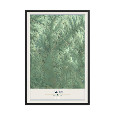 Map of Twin, Alabama, 12 x 18 inch print in a black wood frame
