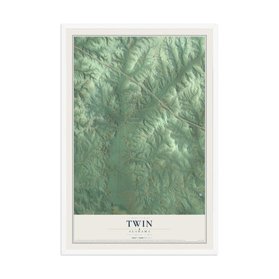 Map of Twin, Alabama, 12 x 18 inch print in a white wood frame